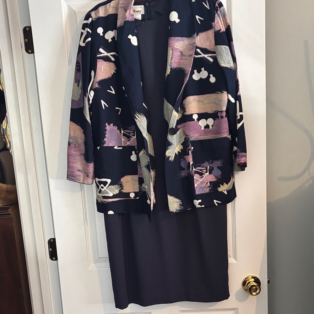 Chic Navy Midi Dress with Artistic Pink Jacket